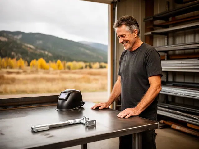 A man with short brown hair going gray beside new equipment in a small truck and trailer repair shop.