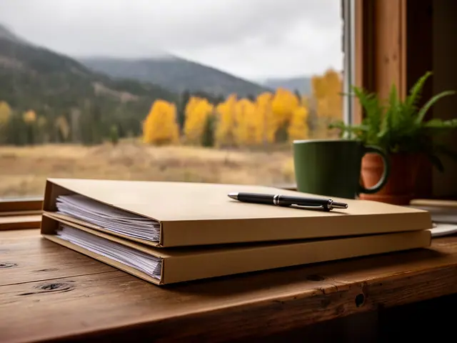 A neat stack of closed manila folders and a pen on a desk by a window.