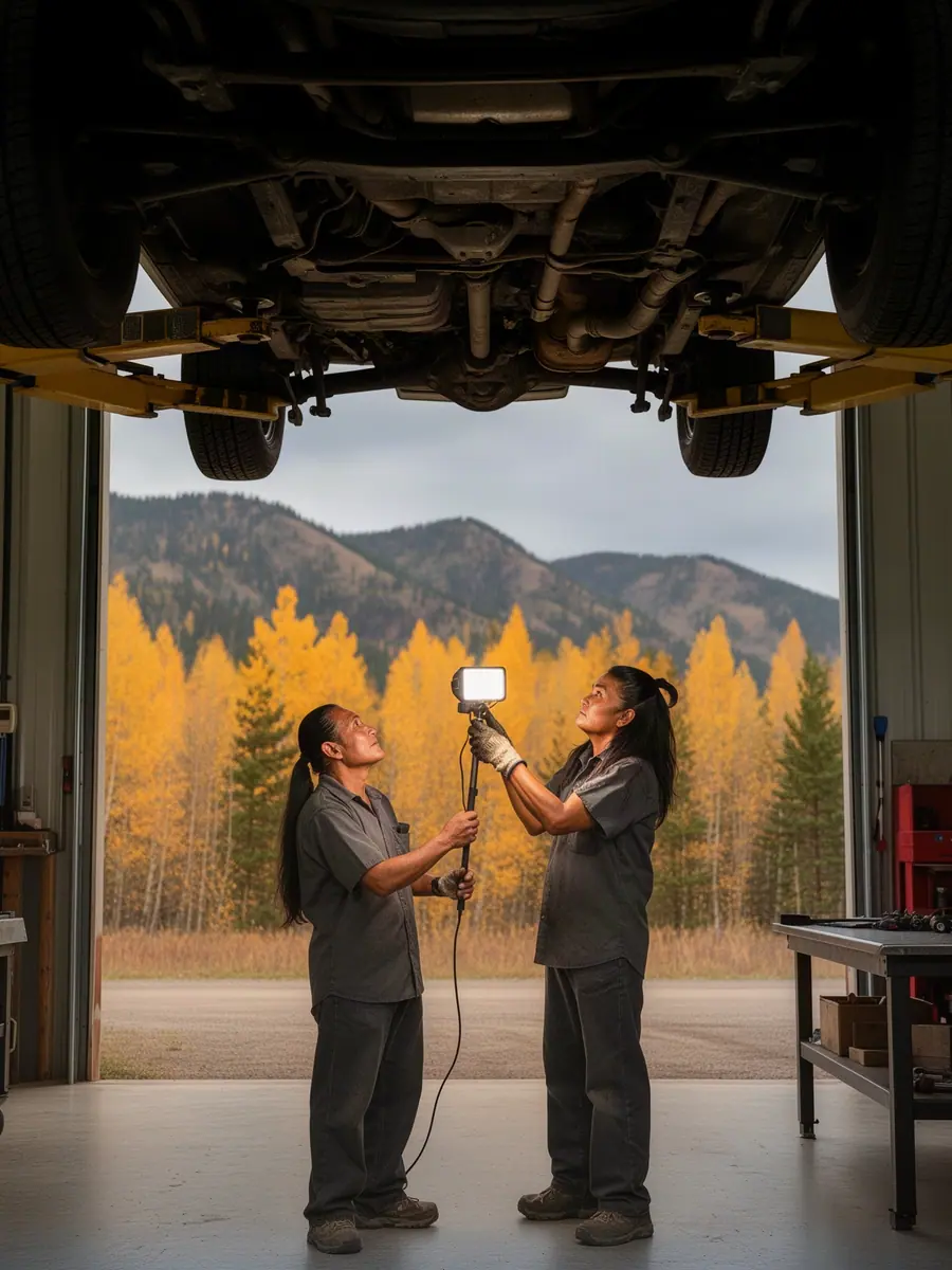 Two mechanics inspecting the underside of a pickup raised on a lift in a small mountain-town repair shop.