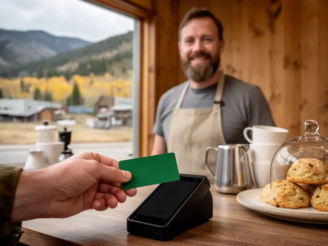 A customer taps a card on a counter terminal at a small coffee roastery cafe.