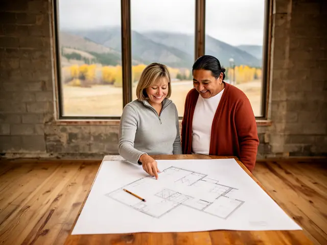 Two business partners looking over a pencil floor sketch in an empty storefront.