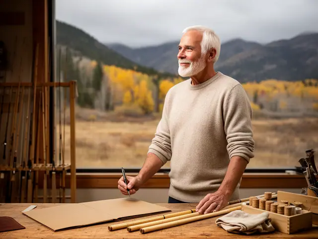 A man with short white hair at a work table with a closed folder in a small fly-rod building shop.